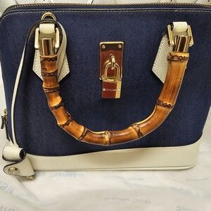 Elegant Blue and Cream Real Leather Handbag with Bamboo Handle